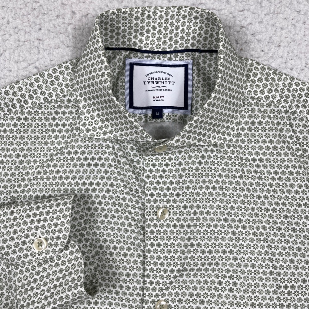 Charles Tyrwhitt Button Down Mens M Green Slim Fit Non-Iron Geometric Business
